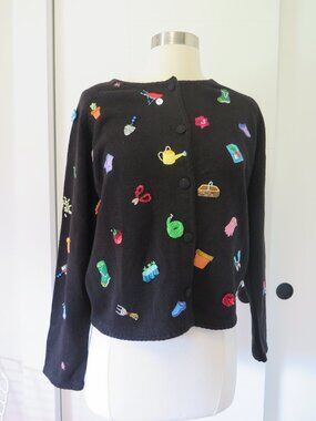 Vintage MICHAEL SIMON "Spring Gardener" Novelty Print Black Cardigan Sweater M